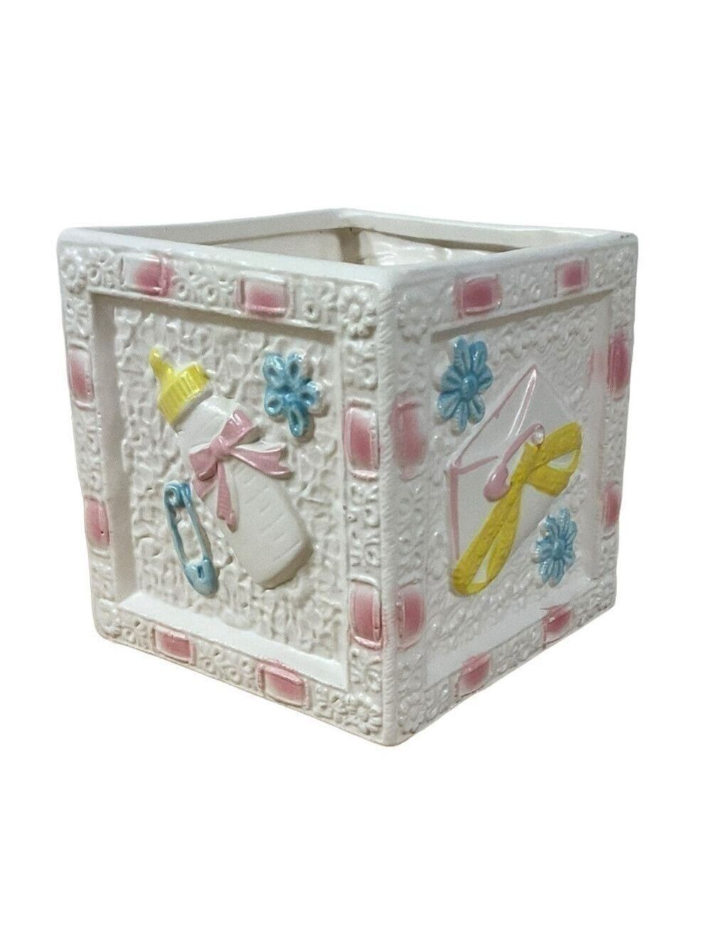 Vintage Nursery Baby Planter with Pink, Blue & Yellow Accents Baby Shower Decor
